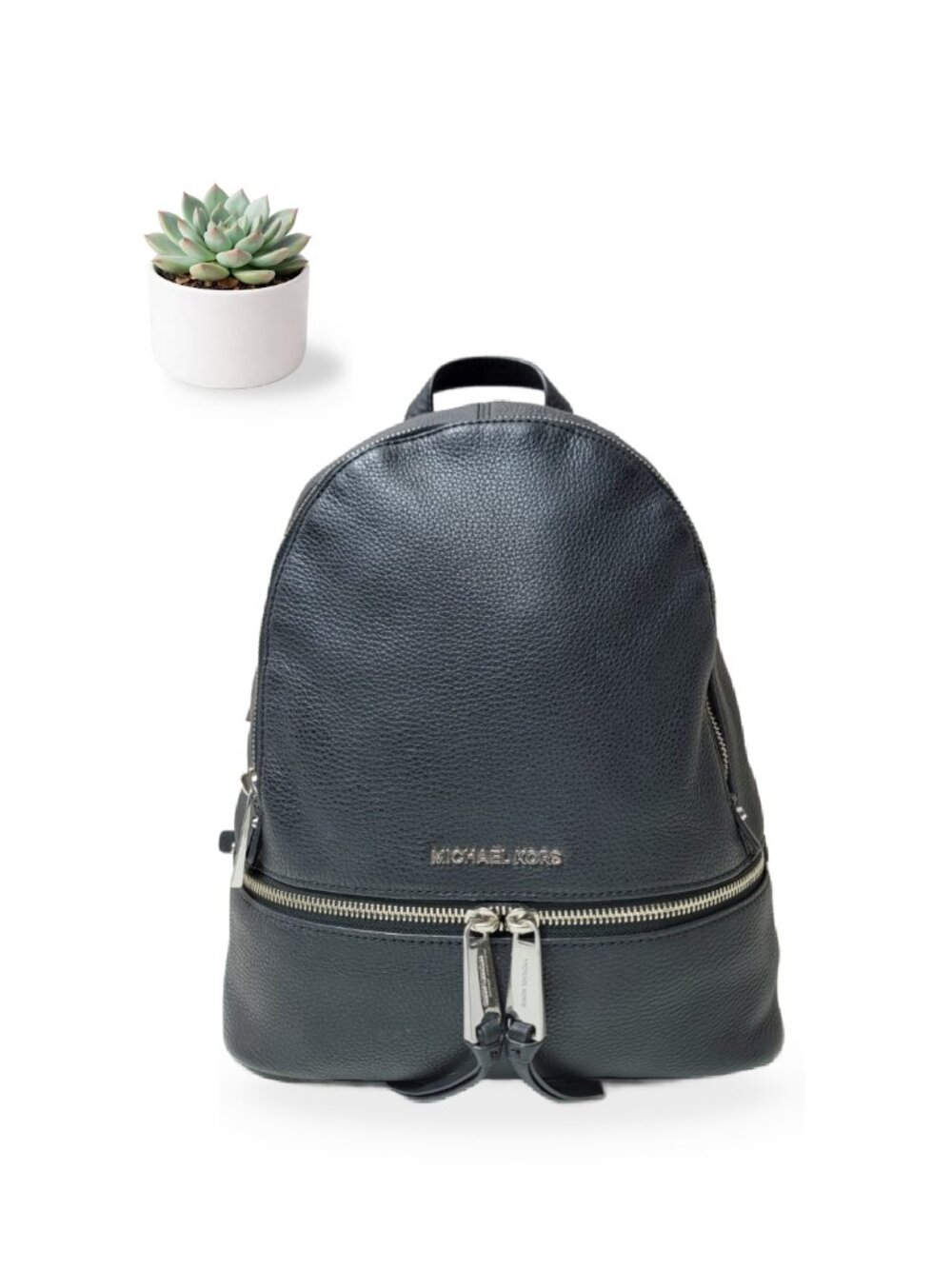 Michael Kors Rhea Medium Black Pebbled Leather Backpack Bag Silver 30S5SEZB1L